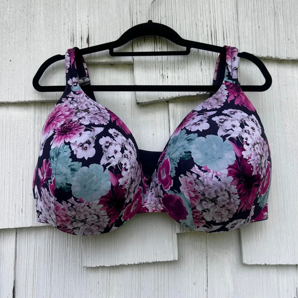 Lane Bryant Cacique Floral Lightly Lined Full Coverage‎ Bra 42H Navy Underwire